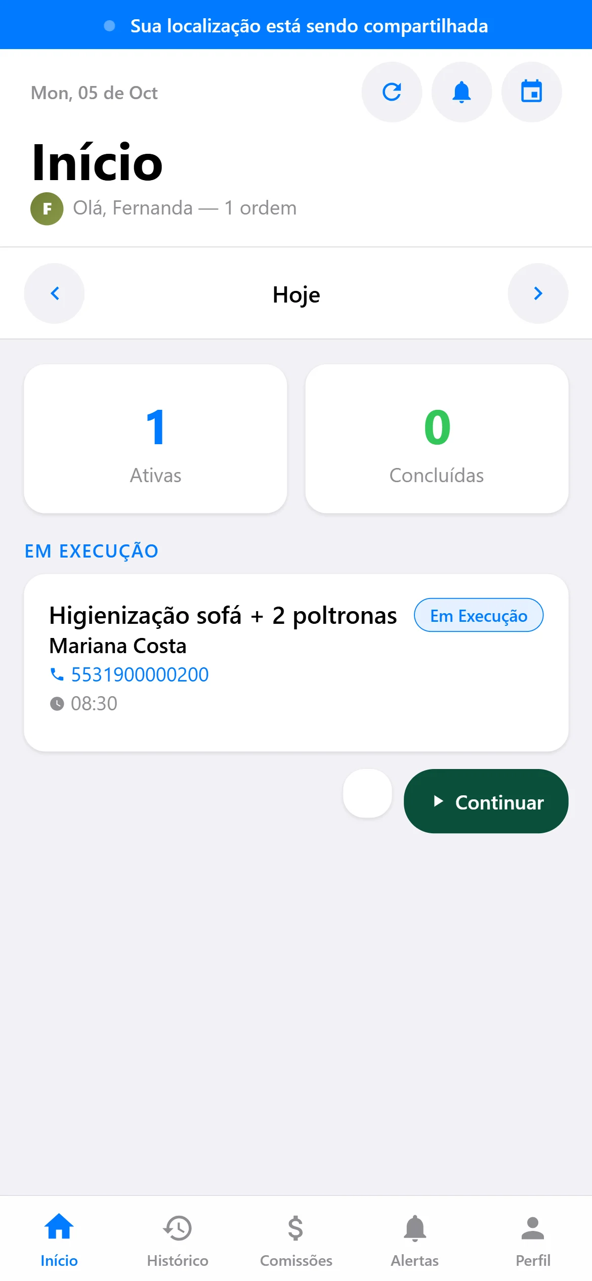 App do técnico com as ordens de serviço do dia