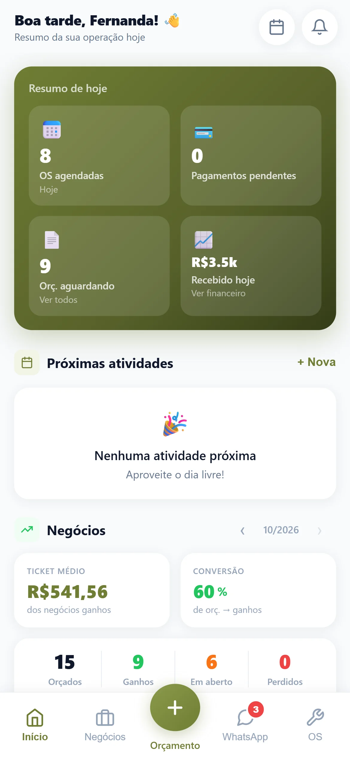 Resumo do dia no app de gestão